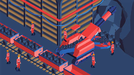 Underground mine crushing machinery ore removing transporting to surface miners in red uniform isometric composition vector illustrationのイラスト素材