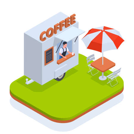 Small business owner family business colored isometric composition mini coffee truck and table for visitors nearby vector illustrationのイラスト素材