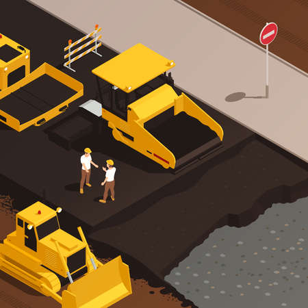 Road construction isometric composition with view of two human workers beyond road machinery...