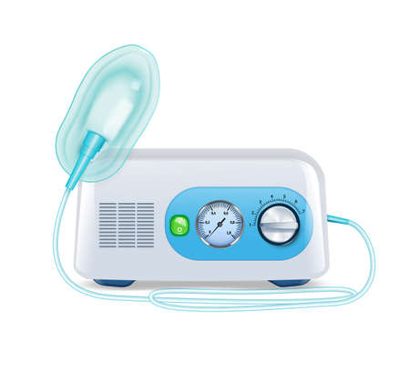 Realistic nebulizer with face oxygen mask for pneumonia asthma bronchitis treatment on white background vector illustrationのイラスト素材