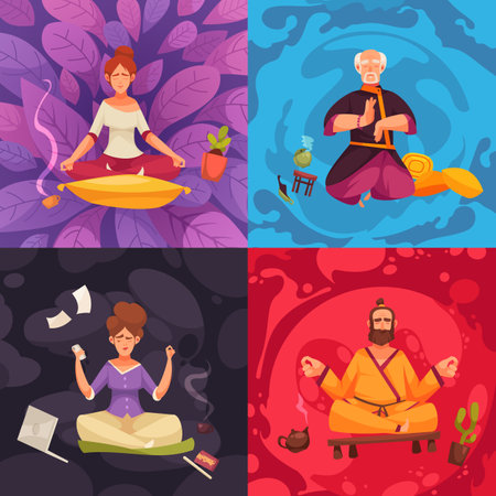 Traditional indian hatha yoga practice office meditation lotus pose relaxation floating feeling colorful cartoon compositions vector illustrationのイラスト素材