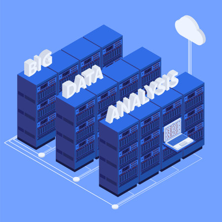 Big data center isometric composition server room data transfer process between server and cloud storage vector illustrationのイラスト素材