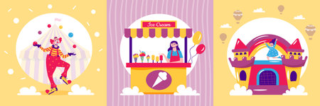 Amusement park design concept with three square compositions of dancing clown market stall and rubber castle vector illustrationのイラスト素材
