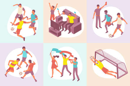 Set of isometric compositions on theme of football and fans with flags and on the couch vector illustrationのイラスト素材