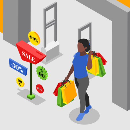 Black friday isometric composition with black woman leaving store with lot of shopping bags vector illustrationのイラスト素材