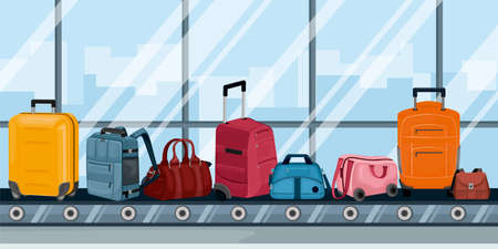 Airport conveyor with luggage color background with travel bags and touristic suitcases on wheels vector illustrationのイラスト素材