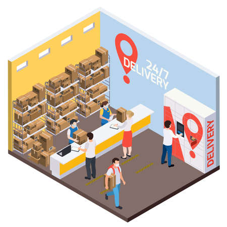 Delivery service isometric composition with indoor view of pickup point with shelves reception counter and people vector illustrationのイラスト素材