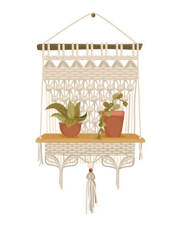 Handcrafted wall hanging with shelf for home flower in macrame decor style isolated object on white background vector illustrationのイラスト素材
