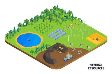 Natural resources solar panels wind turbines water forest livestock ore mine oil extracting isometric composition vector illustrationのイラスト素材