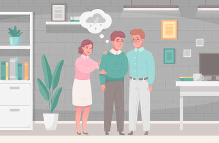 Empathy characters cartoon composition with interior of office room and coworkers supporting colleague in mental distress vector illustrationのイラスト素材