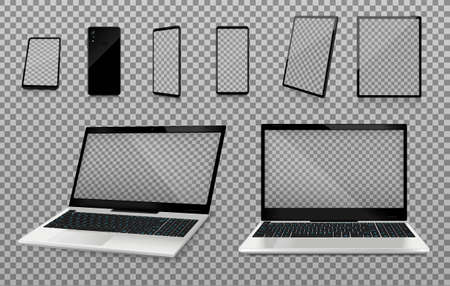 Laptop and smartphone mockups with transparent screens realistic set on transparent background isolated vector illustrationのイラスト素材