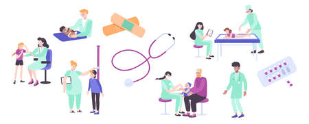 Pediatric checkup set of flat icons and isolated images of medical supplies and doctors with patients vector illustrationのイラスト素材