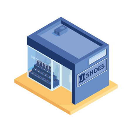 Isometric shops composition with isolated image of fashion shoe store building on blank background vector illustrationのイラスト素材