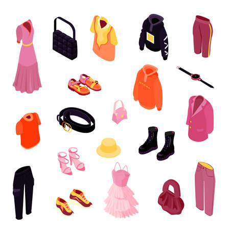 Isometric online shopping fashion clothes shoes set with isolated icons of accessories goods and designer wardrobe vector illustrationのイラスト素材