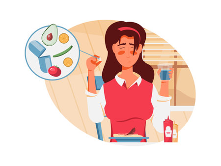 Nutrition flat composition with female character having breakfast holding nutraceutical pill vector illustrationのイラスト素材