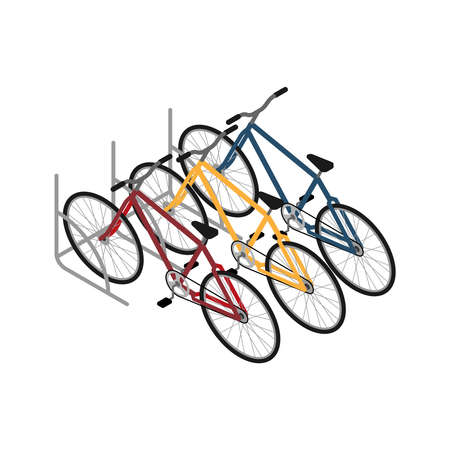Metal rack with three colorful bicycles isometric icon vector illustrationのイラスト素材