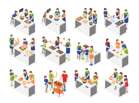 Family cooking icons set with culinary process symbols isometric isolated vector illustrationのイラスト素材