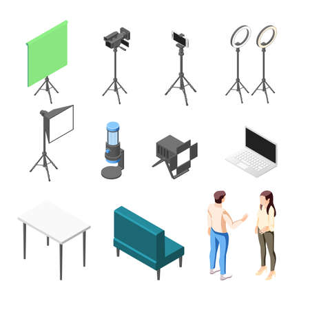 Blogging isometric icons set with electronic devices equipment furniture for streaming videos and human characters 3d isolated vector illustrationのイラスト素材
