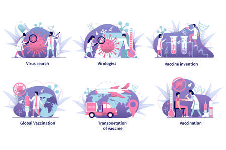 Invention and transportation of coronavirus vaccination flat set with medical elements isolated vector illustrationのイラスト素材