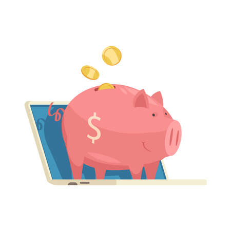 Online mobile bank composition with image of piggy bank on top of laptop computer with coins vector illustrationのイラスト素材
