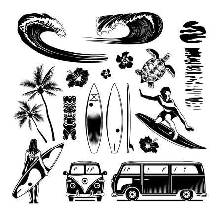 Surfing engraving set of surfboards rushing waves retro cars surfer riding surfboard hand drawn monochrome vector illustrationのイラスト素材