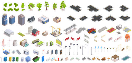 City constructor isometric set with buildings and infrastructure isolated vector illustrationのイラスト素材