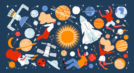 Space composition with isolated images of stars trajectories spacecrafts planets and stars with casual human characters vector illustrationのイラスト素材