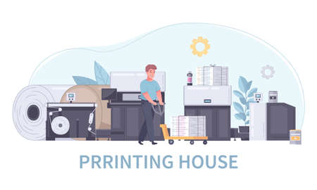 Cartoon printing house polygraphy concept an employee carries printed papers on a special cart vector illustrationのイラスト素材