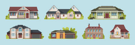 Set of suburban country houses models on a blue background flat vector illustrationのイラスト素材