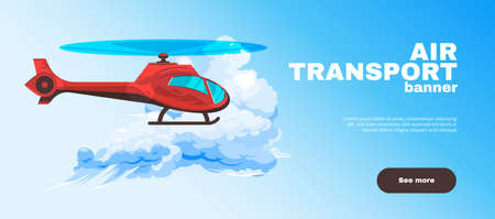 Horizontal banner with helicopter flying past the cloud on blue background flat vector illustrationのイラスト素材
