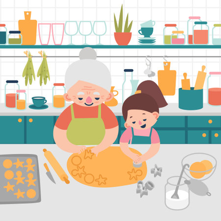 Grandmother and granddaughter prepare cookies in the kitchen flat vector illustrationのイラスト素材