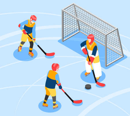 International day isometric composition with skating rink scenery and hockey players with sticks and puck vector illustrationのイラスト素材
