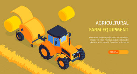 Agricultural farm equipment horizontal banner with tractor pulling round baler with hay bale rolling out isometric vector illustrationのイラスト素材