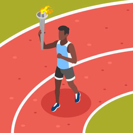 International sport day isometric background with view of running track with african american athlete carrying flame vector illustrationのイラスト素材
