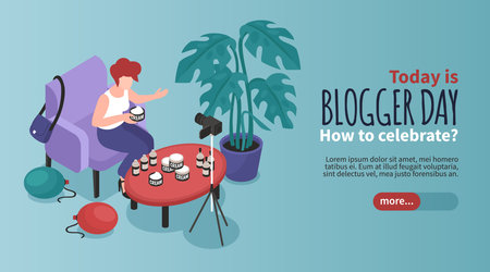 Blogger isometric banner with blogger day celebration symbols vector illustrationのイラスト素材