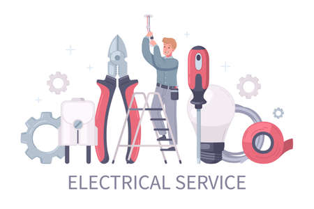Electrician cartoon composition with editable text and character of man on ladder surrounded by handy tools vector illustrationのイラスト素材