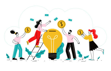 Crowdfunding flat background with business idea finance investors revenue and business growth symbols vector illustrationのイラスト素材