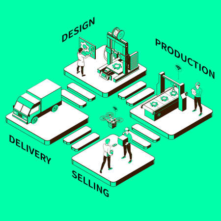 Smart industry monochrome isometric composition including design production delivery selling steps vector illustrationのイラスト素材