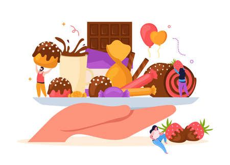 World chocolate day flat composition with delicious desserts on plate and human characters vector illustrationのイラスト素材