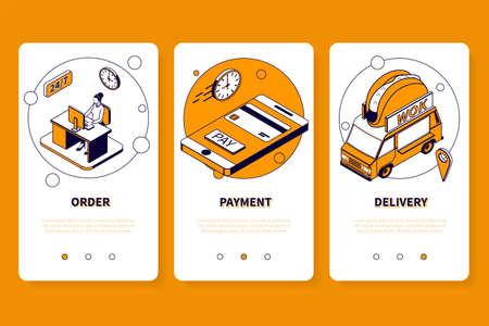 Asian food mobile app design concept with order payment delivery steps isometric vector illustrationのイラスト素材