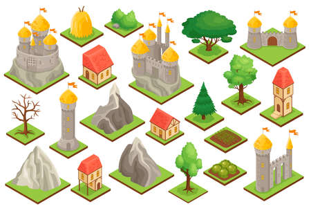 Isometric icons set of medieval castle towers gate city houses trees bushes rocks isolated on white background 3d vector illustrationのイラスト素材