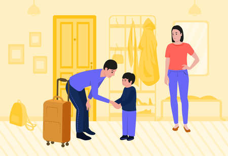 Divorce couple flat poster with father leaving family and sad son trying to detain him vector illustrationのイラスト素材