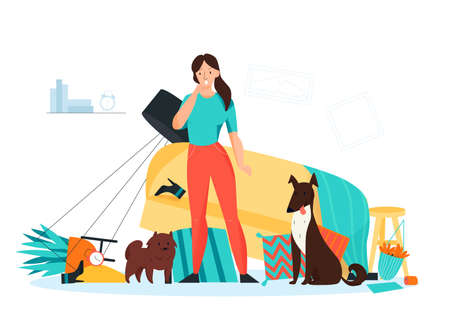 Frustrated dog owner looking at mess made by her naughty pets in living room flat vector illustrationのイラスト素材