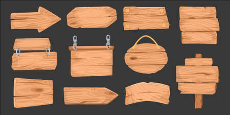 Set of isolated images of wooden signboards with isolated directional and conclusional boards with metal chains vector illustrationのイラスト素材