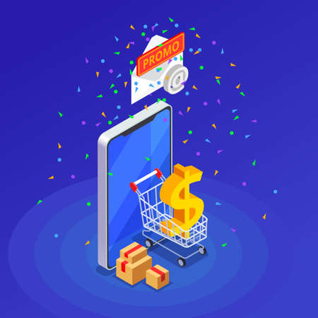 Marketing technologies colored isometric concept abstract equipment for marketing promotion on smartphone vector illustrationのイラスト素材