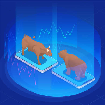 Stock exchange financial market trading colored isometric composition two investors the bear and the bull bump heads vector illustrationのイラスト素材