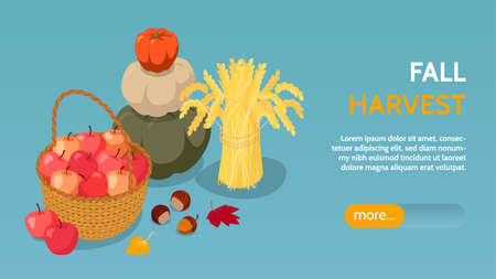 Autumn fall harvest farmers organic products online shopping landing web page isometric horizontal background banner vector illustrationのイラスト素材