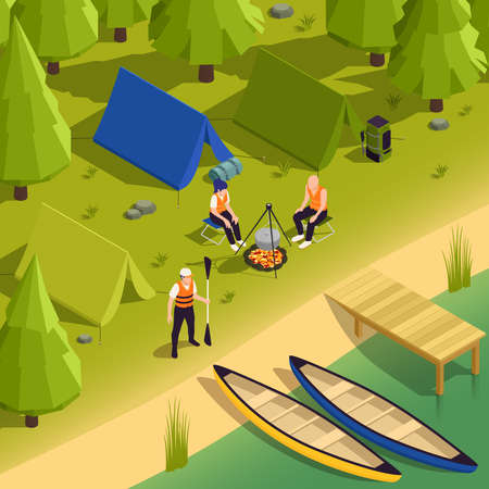 Canoeing and kayaking campsite isometric composition with riverbank boats tent people cooking food on campfire vector illustrationのイラスト素材