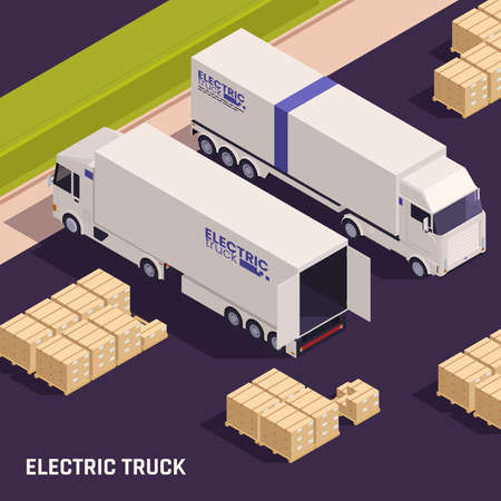 Modern heavy duty electric trucks distribution facility loading unloading area with cargo boxes containers isometric vector illustrationのイラスト素材
