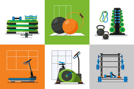 Gym fitness design colored concept set various equipment for sports in the gym vector illustrationのイラスト素材